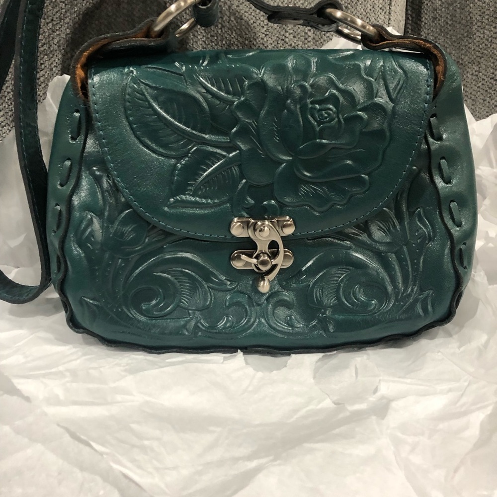 Patricia Nash Dark Emerald Green Embossed Floral Crossbody Bag
